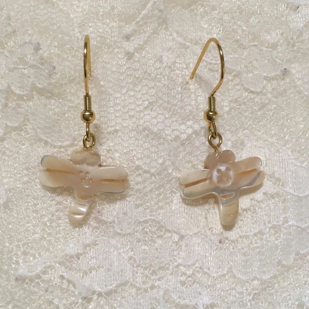 Mother of Pearl Dragonfly Earrings Dangly Carved Hooks Pierced